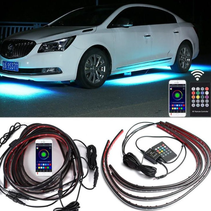 Tiktok Car Underglow Neon Accent Strip Light Kit 8 Color Sound Active Function APP/Remote Control 4pcs LED Underbody System Light Strip