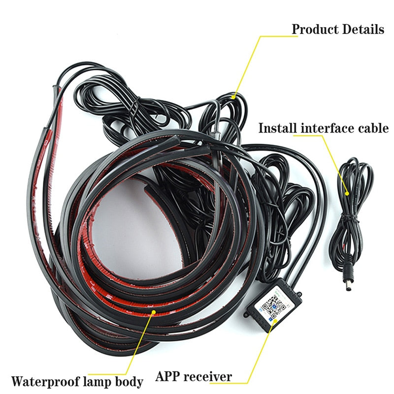 Tiktok Car Underglow Neon Accent Strip Light Kit 8 Color Sound Active Function APP/Remote Control 4pcs LED Underbody System Light Strip