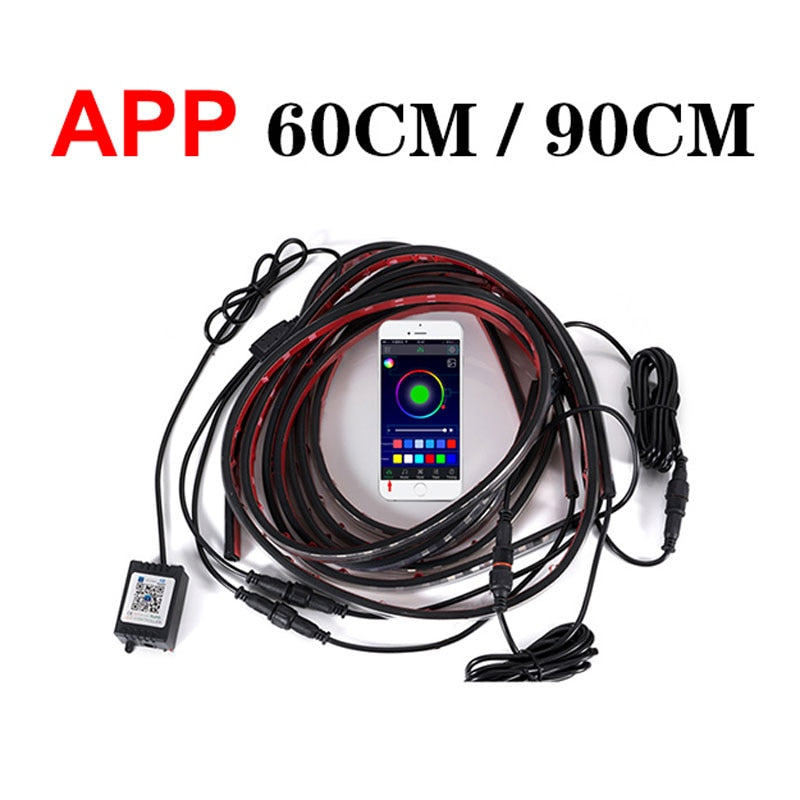 Tiktok Car Underglow Neon Accent Strip Light Kit 8 Color Sound Active Function APP/Remote Control 4pcs LED Underbody System Light Strip