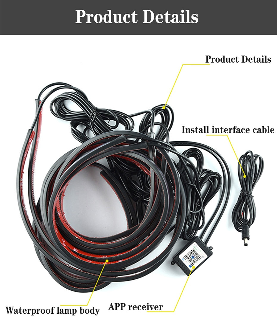 Tiktok Car Underglow Neon Accent Strip Light Kit 8 Color Sound Active Function APP/Remote Control 4pcs LED Underbody System Light Strip